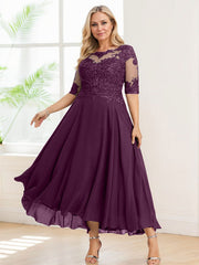 A-line Illusion Boat Neck Asymmetrical Chiffon Lace Mother of the Bride Dress With Sequins Beading