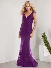 A-line V-Neck Floor-Length Lace Chiffon Mother of the Bride Dress With Applique Sequins Mermaid Dresses