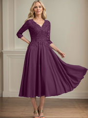 A-line V-Neck Tea-Length Chiffon Lace Mother of the Bride Dress With Beading Sequins