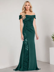 A-Line Off the Shoulder Floor-Length Chiffon Mother of the Bride Dress Applique Beadings Mermaid Dress With  High Split