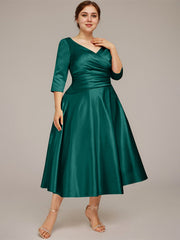 A-line V-Neck Tea-Length Satin Mother of the Bride Dress With Pleated