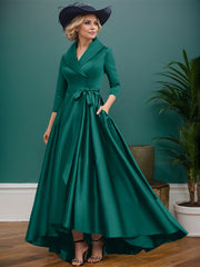 A-Line V-Neck 3/4 Sleeves Satin Mother Of The Bride Dresses With Pockets