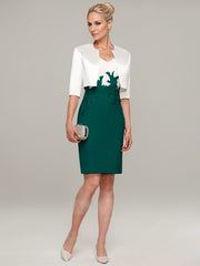 Sheath/Column V-Neck Knee-Length Satin Mother of the Bride Dress With Jacket Appliqued