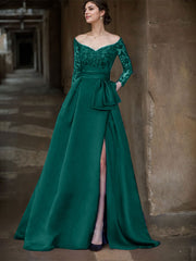 A-Line Off-The-Shoulder 3/4 Sleeves Sweep Train Lace/Satin Mother Of The Bride Dresses With Split Front