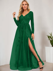 A-line V-Neck Floor-Length Tulle Prom Dresses With Sequins Appliques Lace Beading