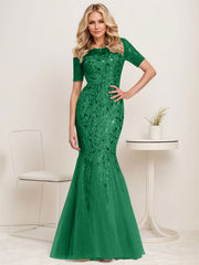 Floral Sequin Print Maxi Long Fishtail Tulle Mother Of The Bride Dresses