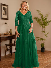 A-line V-Neck Floor-Length Tulle Lace Mother of the Bride Dress With Sequins