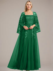 A-line Square Floor-Length Tulle Lace Sequin Mother of the Bride Dress
