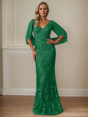 Sheath V-Neck Floor-Length Tulle Mother of the Bride Dress