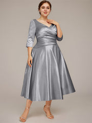 A-line V-Neck Tea-Length Satin Mother of the Bride Dress With Pleated
