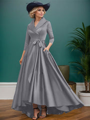 A-Line V-Neck 3/4 Sleeves Satin Mother Of The Bride Dresses With Pockets