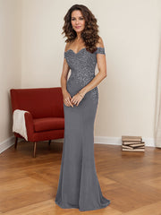 Off-The-Shoulder Elegant Elastic Satin Mother Of The Bride Dresses With Beaded Embroidery