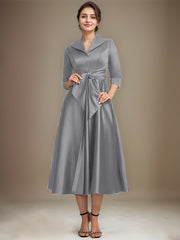 A-line V-Neck Collared Tea-Length Satin Mother of the Bride Dress