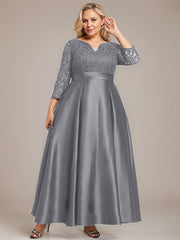 A-line V-Neck Ankle-Length Lace Satin Mother of the Bride Dress With Rhinestone