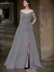 A-Line Off-The-Shoulder 3/4 Sleeves Sweep Train Lace/Satin Mother Of The Bride Dresses With Split Front