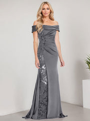 A-Line Off the Shoulder Floor-Length Chiffon Mother of the Bride Dress Applique Beadings Mermaid Dress With  High Split