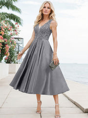 A-Line V-Neck Sleeveless Tea-Length Satin Mother Of The Bride Dresses With Lace