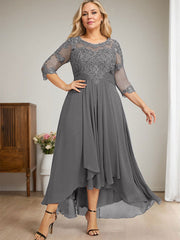 A-line Scoop Illusion Asymmetrical Lace Chiffon Mother of the Bride Dress With Cascading Ruffles