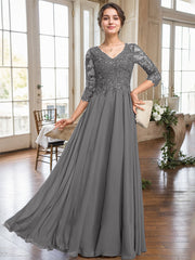 A-line V-Neck Floor-Length Lace Chiffon Mother of the Bride Dress With Sequins