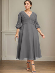 A-line V-Neck Tea-Length Chiffon Mother of the Bride Dress With Pleated