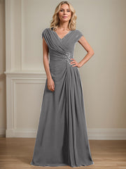 A-line V-Neck Floor-Length Chiffon Mother of the Bride Dress With Pleated Sequins Beading