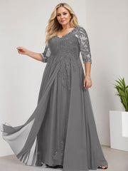 A-line V-Neck Floor-Length Lace Chiffon Mother of the Bride Dress With Sequins