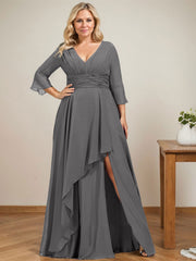 A-line V-Neck Floor-Length Chiffon Mother of the Bride Dress With Cascading Ruffles