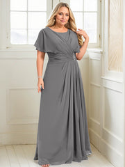 A-line Scoop Floor-Length Chiffon Mother of the Bride Dress With Pleated Beading