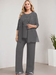 Separates Pantsuit Scoop Floor-Length Lace Chiffon Mother of the Bride Dress With Sequins