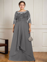 A-line Scoop Illusion Floor-Length Lace Chiffon Mother of the Bride Dress With Cascading Ruffles