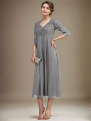 A-line V-Neck Tea-Length Chiffon Lace Mother of the Bride Dress With Beading