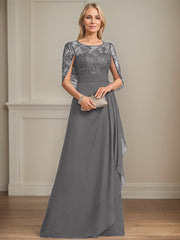 A-line Scoop Illusion Floor-Length Lace Chiffon Mother of the Bride Dress With Cascading Ruffles Sequins