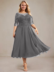 A-line Scoop Illusion Tea-Length Lace Chiffon Mother of the Bride Dress With Sequins