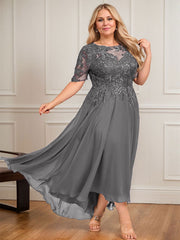A-line Scoop Illusion Asymmetrical Lace Chiffon Mother of the Bride Dress With Sequins