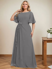 A-line Scoop Floor-Length Chiffon Mother of the Bride Dress With Cascading Ruffles Beading Sequins