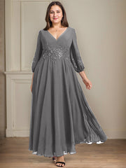 A-line V-Neck Ankle-Length Lace Chiffon Mother of the Bride Dress With Sequins