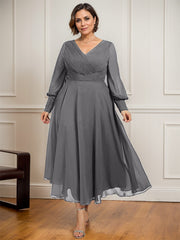 A-line V-Neck Tea-Length Chiffon Mother of the Bride Dress With Pleated