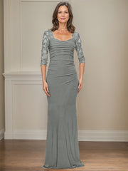 Sheath/Column Square Neckline 3/4 Sleeves Floor-Length Jersey Mother Of The Bride Dresses With Lace