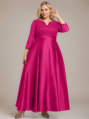 A-line V-Neck Ankle-Length Lace Satin Mother of the Bride Dress With Rhinestone