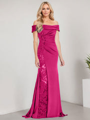 A-Line Off the Shoulder Floor-Length Chiffon Mother of the Bride Dress Applique Beadings Mermaid Dress With  High Split