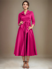 A-line V-Neck Collared Tea-Length Satin Mother of the Bride Dress