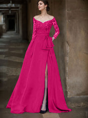 A-Line Off-The-Shoulder 3/4 Sleeves Sweep Train Lace/Satin Mother Of The Bride Dresses With Split Front