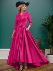 A-Line V-Neck 3/4 Sleeves Satin Mother Of The Bride Dresses With Pockets