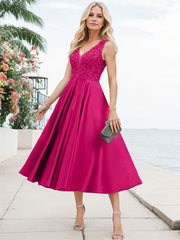 A-Line V-Neck Sleeveless Tea-Length Satin Mother Of The Bride Dresses With Lace