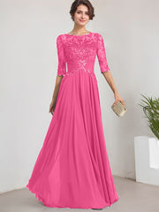 A-line Scoop Illusion Floor-Length Lace Chiffon Mother of the Bride Dress With Pleated Sequins