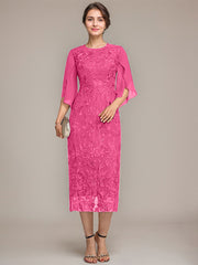 Sheath/Column Scoop Tea-Length Lace Chiffon Mother of the Bride Dress