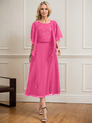 A-line Scoop Tea-Length Lace Chiffon Mother of the Bride Dress With Sequins