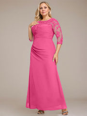 A-line Scoop Floor-Length Chiffon Lace Mother of the Bride Dress With Sequins Beading Pleated