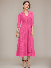 A-line V-Neck Tea-Length Chiffon Mother of the Bride Dress