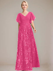 A-line V-Neck Floor-Length Lace Sequin Chiffon Mother of the Bride Dress With Pleated